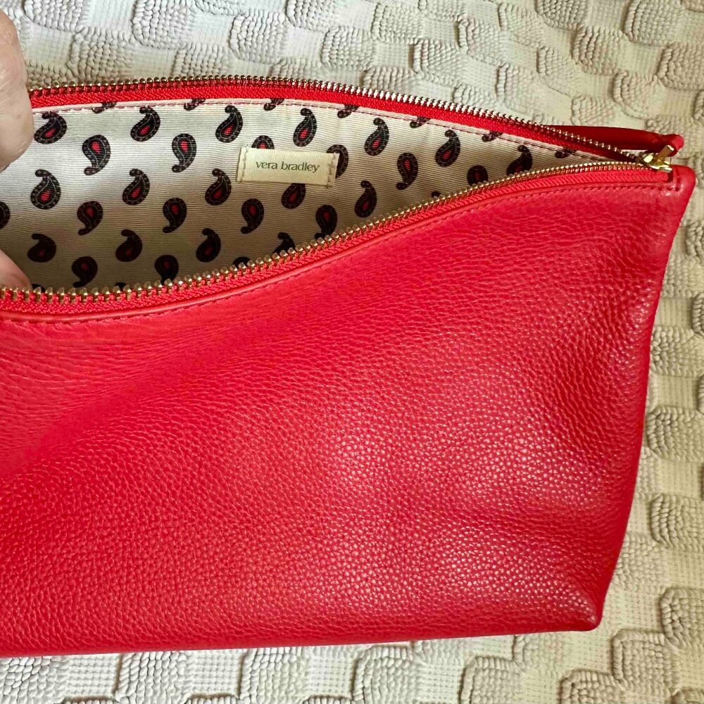 Vera Bradley Red Leather Cosmetic Pouch with Paisley Lining